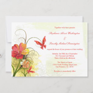Red green flowers + butterfly wedding invitation