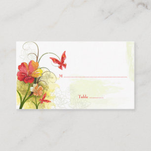 Red green flowers + butterfly wedding place card