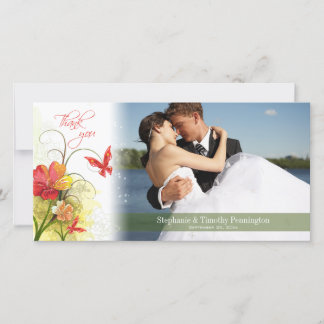 Red green flowers + butterfly wedding thank you