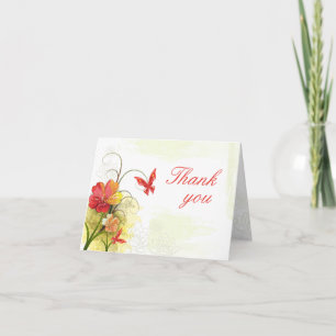 Red green flowers + butterfly wedding thank you card