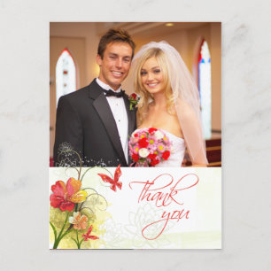 Red green flowers + butterfly wedding thank you postcard