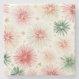 Red Green Flowers Gold Sparkle Stone Coaster