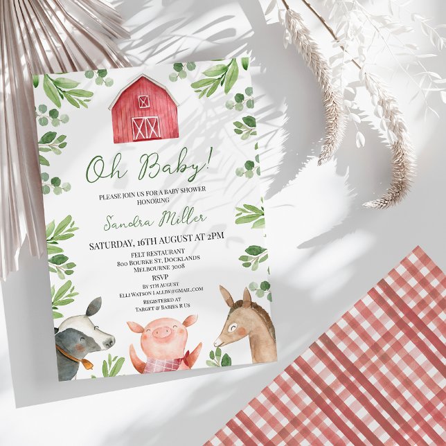 Red Green Gender Neutral Farmyard Farm Baby Shower Invitation (Farm Baby Shower Invitation template, Barnyard Baby Shower Invitation, Farm Animals, Editable )