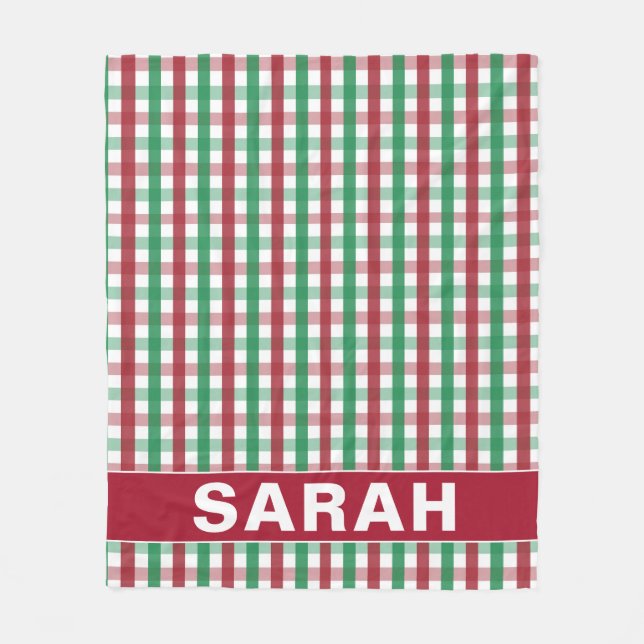 Red & Green Gingham with Custom Name Fleece Blanket (Front)