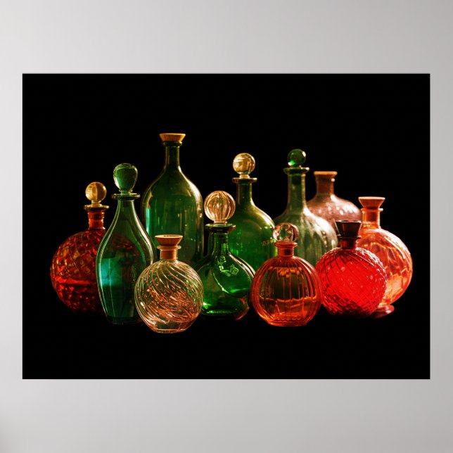 Red + Green Glass Bottles Black Background Wall Poster (Front)