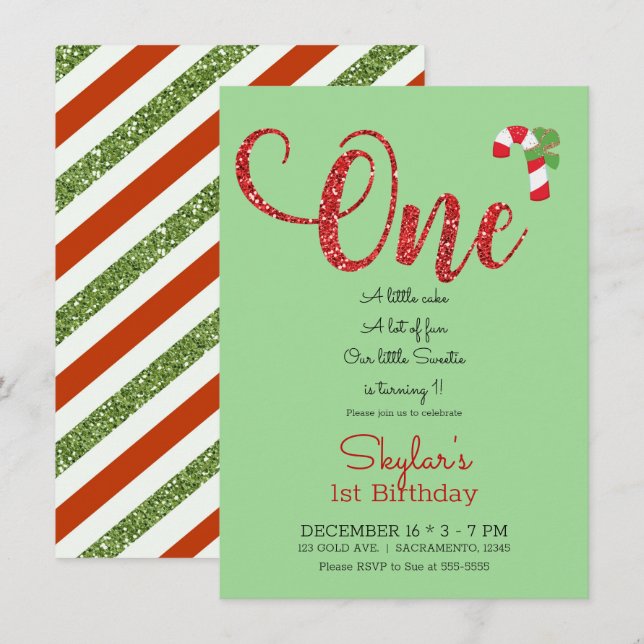 Red & Green Glitter Christmas Holiday 1st Birthday Invitation (Front/Back)
