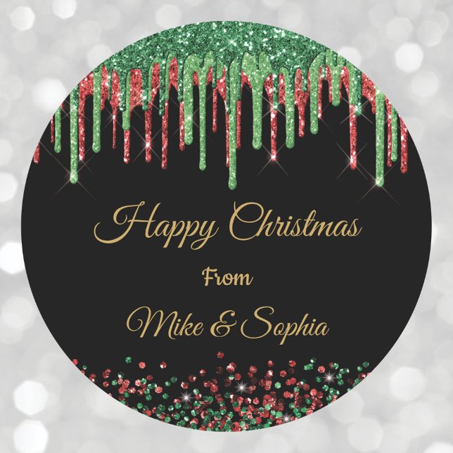 Red Green Glitter Dripping Christmas Black Glam Classic Round Sticker (Creator Uploaded)