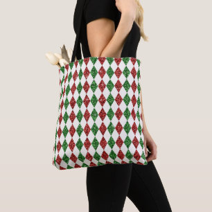 RED & GREEN GLITTER LOOK CHRISTMAS DIAMOND PATTERN TOTE BAG