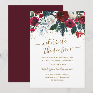 Red Green Gold Burgundy Floral Christmas Party Invitation