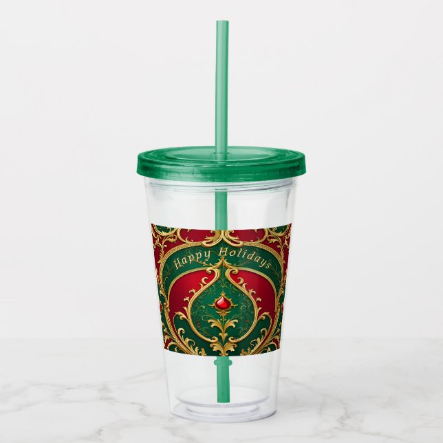 Red Green Gold Christmas Holiday Acrylic Tumbler (Front)