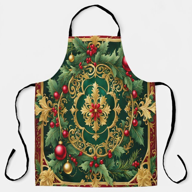 Red Green Gold Christmas Holiday Apron (Front)