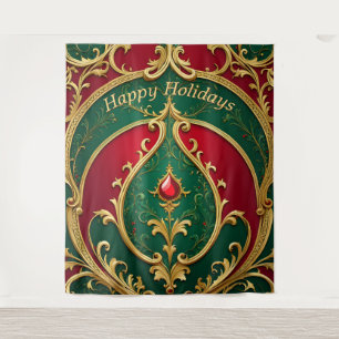 Red Green Gold Christmas Holiday Backdrop Tapestry