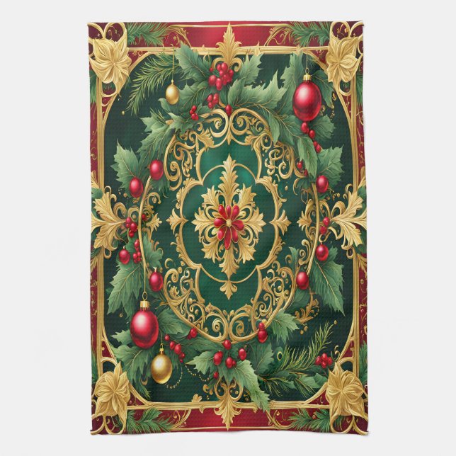 Red Green Gold Christmas Holiday Kitchen Towel (Vertical)