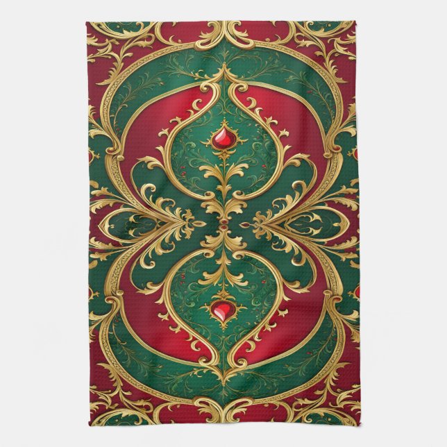 Red Green Gold Christmas Holiday Kitchen Towel (Vertical)