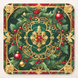 Red Green Gold Christmas Holiday Paper Coaster