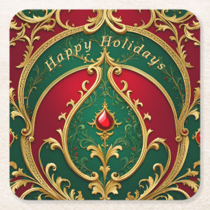 Red Green Gold Christmas Holiday Paper Coaster