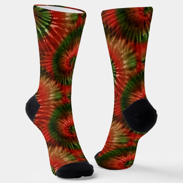 Red Green & Gold Fun Retro Tie Dye Spirals Socks (Angled)