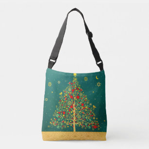 Red Green Gold Glitter Chrismas Winter Bird Tree Crossbody Bag