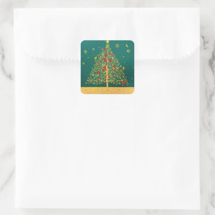Red Green Gold Glitter Chrismas Winter Bird Tree Square Sticker