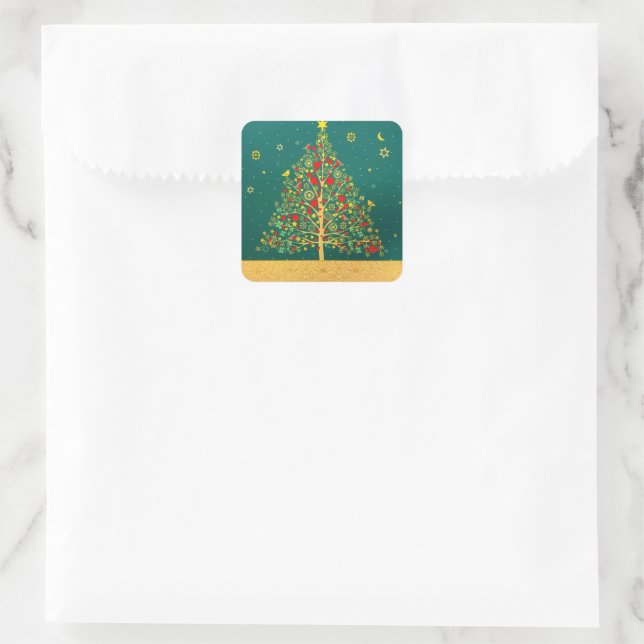 Red Green Gold Glitter Chrismas Winter Bird Tree Square Sticker (Bag)