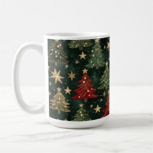 RED GREEN GOLD GLITTER LOOK CHRISTMAS TREES COFFEE MUG
