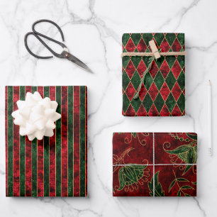 Red, Green & Gold Holiday Velvet Christmas Pattern Wrapping Paper Sheet