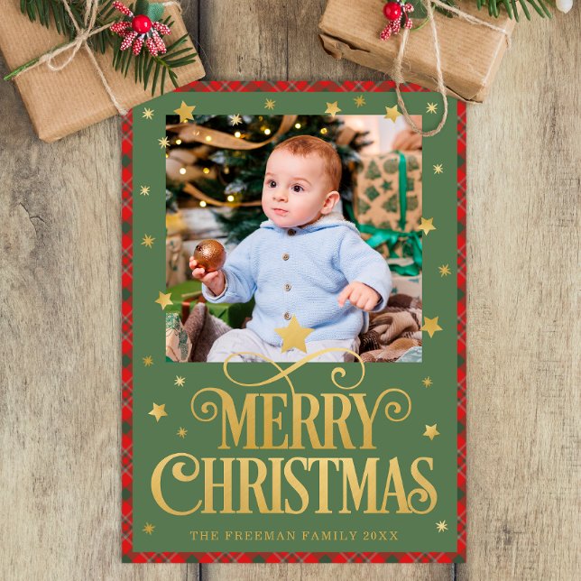 Red Green Gold Joyeux Carte photo de Noël (Classic Merry Christmas Photo Greeting Card)