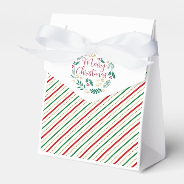 Red Green Gold Merry Christmas Striped Pattern Favor Box (Front Side)