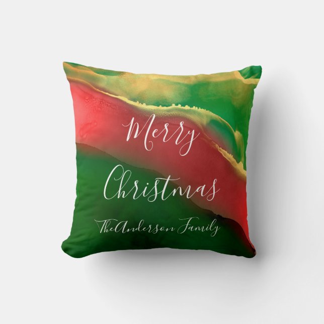 Red Green Gold Monogram Merry Christmas Throw Pillow (Front)