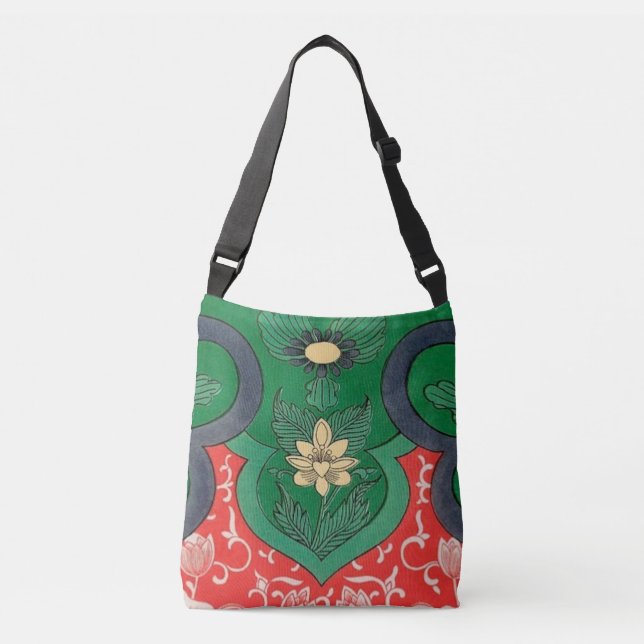 Red, Green & Gold Mystic Lotus Asian Abstract Crossbody Bag (Front)