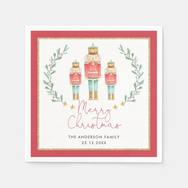 Red Green Gold Nutcracker Christmas Holiday Party Napkin (Front)