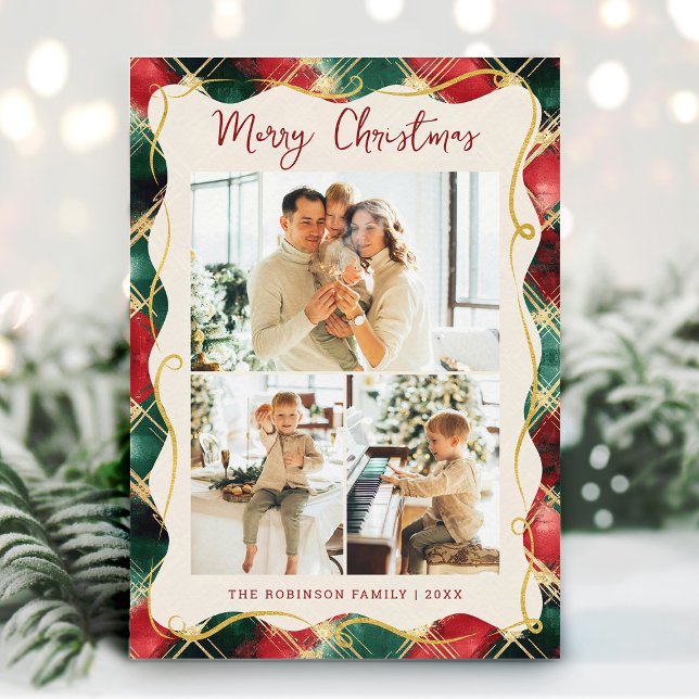 Red Green Gold Plaid Pattern Merry Christmas Photo Holiday Card (Creator Uploaded)