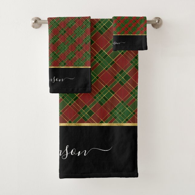 Red Green Gold Plaid Personalized Christmas Tartan Bath Towel Set (Insitu)