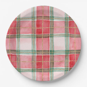 Red Green Gold Plaid Stripes Christmas Paper Plate