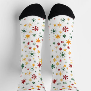 Red Green Gold Retro Snowflake Christmas Pattern Socks