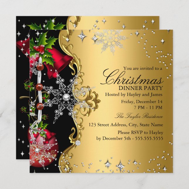 Red green Gold Snowflake Christmas Dinner Party 3 Invitation (Front/Back)