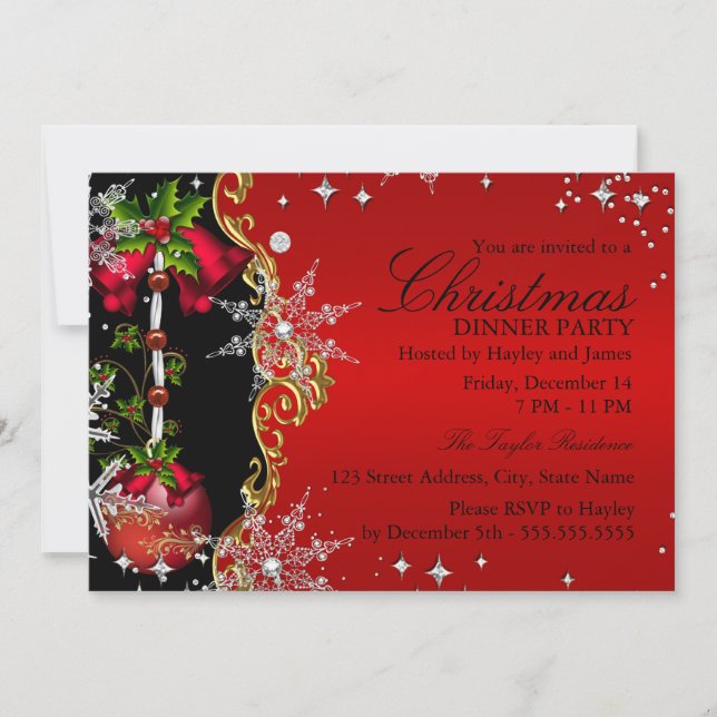 Red green Gold Snowflake Christmas Dinner Party 5 Invitation (Front)