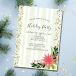 Red Green Gold Sparkle Poinsettia Holiday Party Invitation<br><div class="desc">Green and White Stripe with gold sparkles and a poinsettia Christmas holiday party invitation. All fields can be personalized.</div>