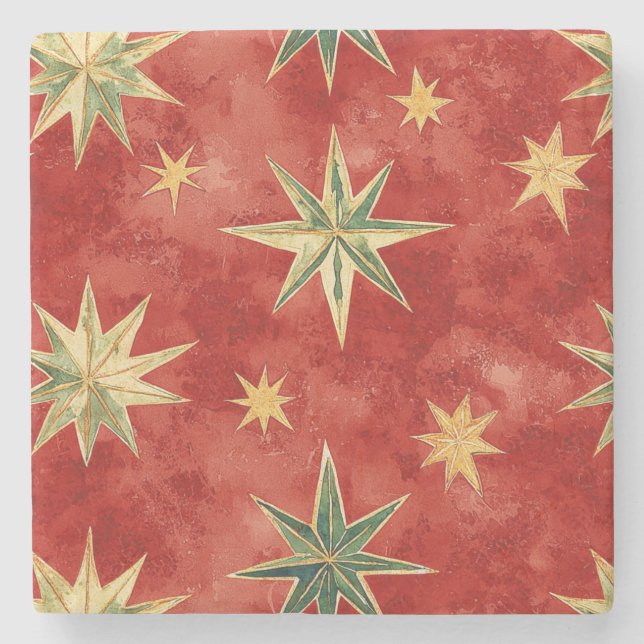 Red Green Gold Stars Christmas Stone Coaster (Front)