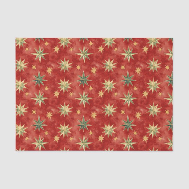 Red Green Gold Stars Christmas Tissue Paper (Front)