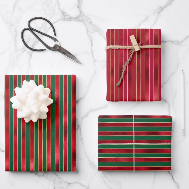 Red Green Gold Stripes Wrapping Paper Sheet (Front)