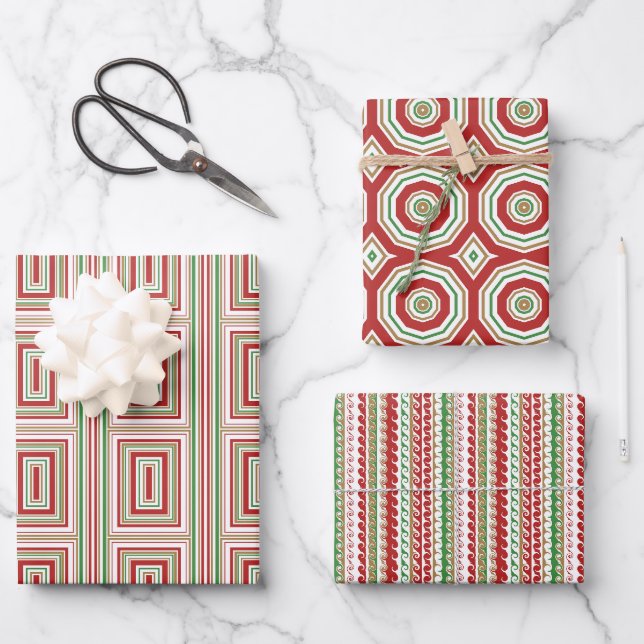 Red, green gold Trio Wrapping Paper Sheets (Front)