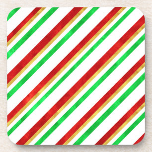 Red Green Gold Watercolor Candy Cane Stripes Coaster