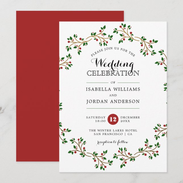 Red, Green & Gold Winter Wreath | Elegant Wedding Invitation (Front/Back)
