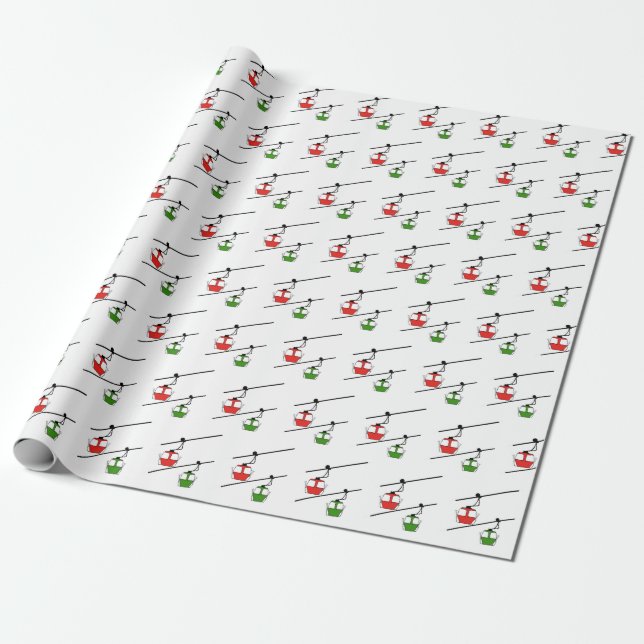 Red & green gondolas with skis wrapping paper (Unrolled)