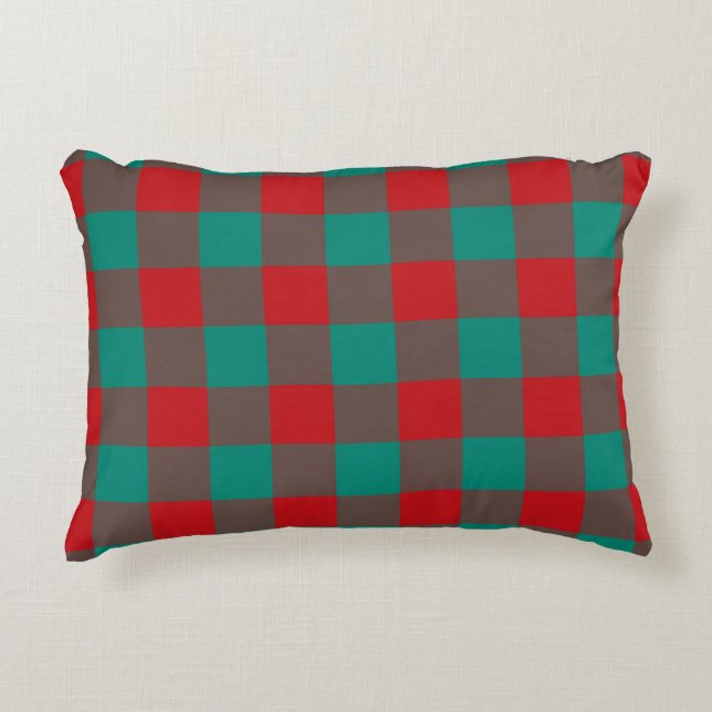 Red Green Grey Plaid Chequered Pattern Accent Pillow (Front)