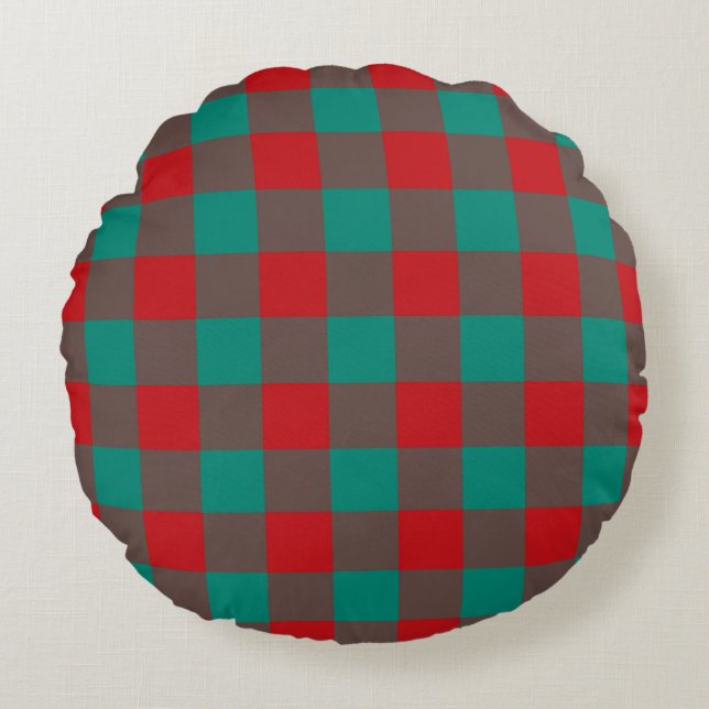 Red Green Grey Plaid Chequered Pattern Round Pillow (Front)