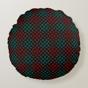 Red Green Grey Plaid Chequered Weave Pattern Round Pillow