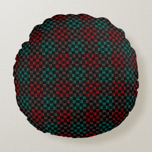 Red Green Grey Plaid Chequered Weave Pattern Round Pillow (Front)