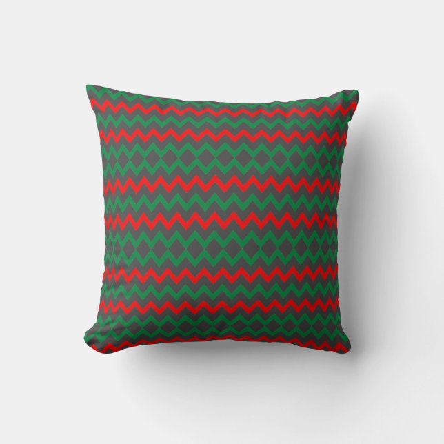 Red Green Grey ZigZag  Throw Pillow (Front)